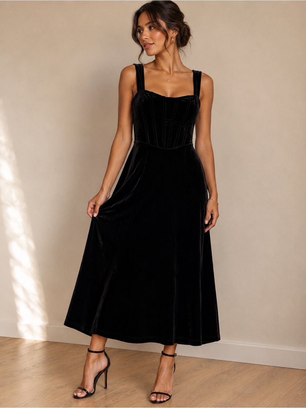 SHEIN Black Velvet Midi Dress with Square Neck and Wide Straps